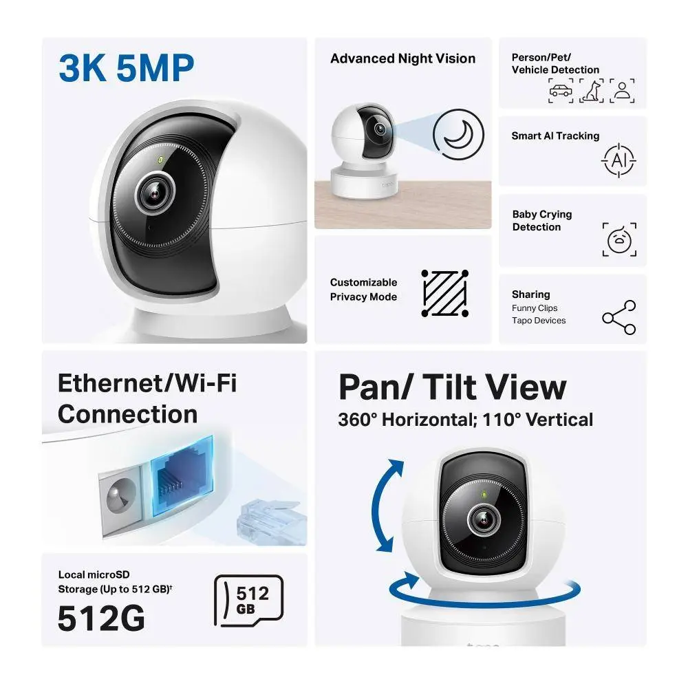 TP-Link Tapo C232 Home Security WiFi Camera, 3K 5Mp with AI, Pan/Tilt, LAN, WiFi, SDmicro, night vision