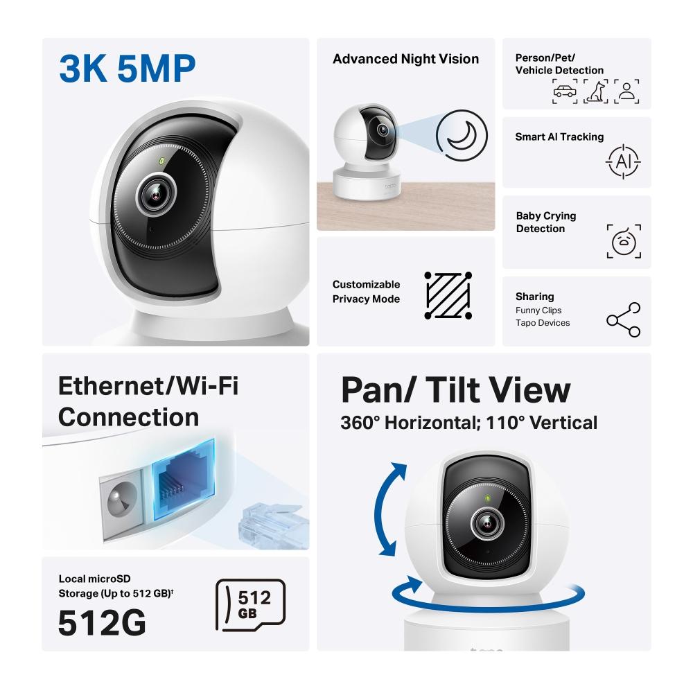 TP-Link Tapo C232 Home Security WiFi Camera, 3K 5Mp with AI, Pan/Tilt, LAN, WiFi, SDmicro, night vision