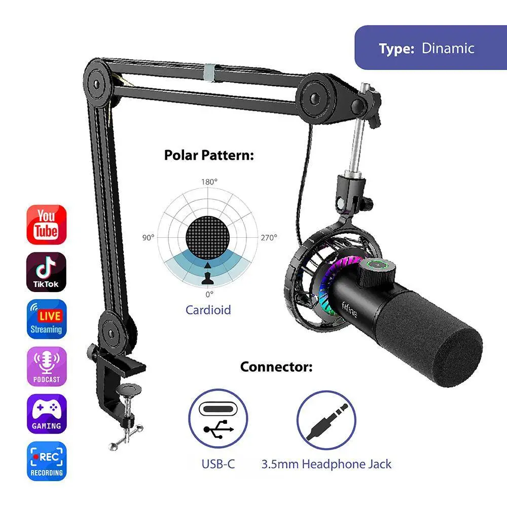 Microphone avec support FIFINE T658 Dynamic RGB - Noir