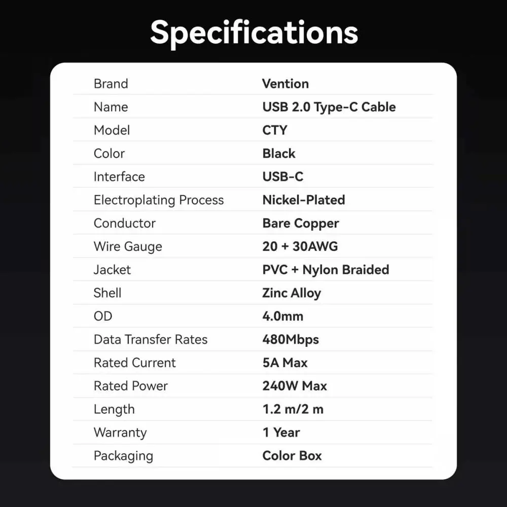 Vention кабел Cable - USB2.0 Type-C to Type-C - 5A Fast Charging, 240W, PD3.1, 1.2m -  CTYBAV