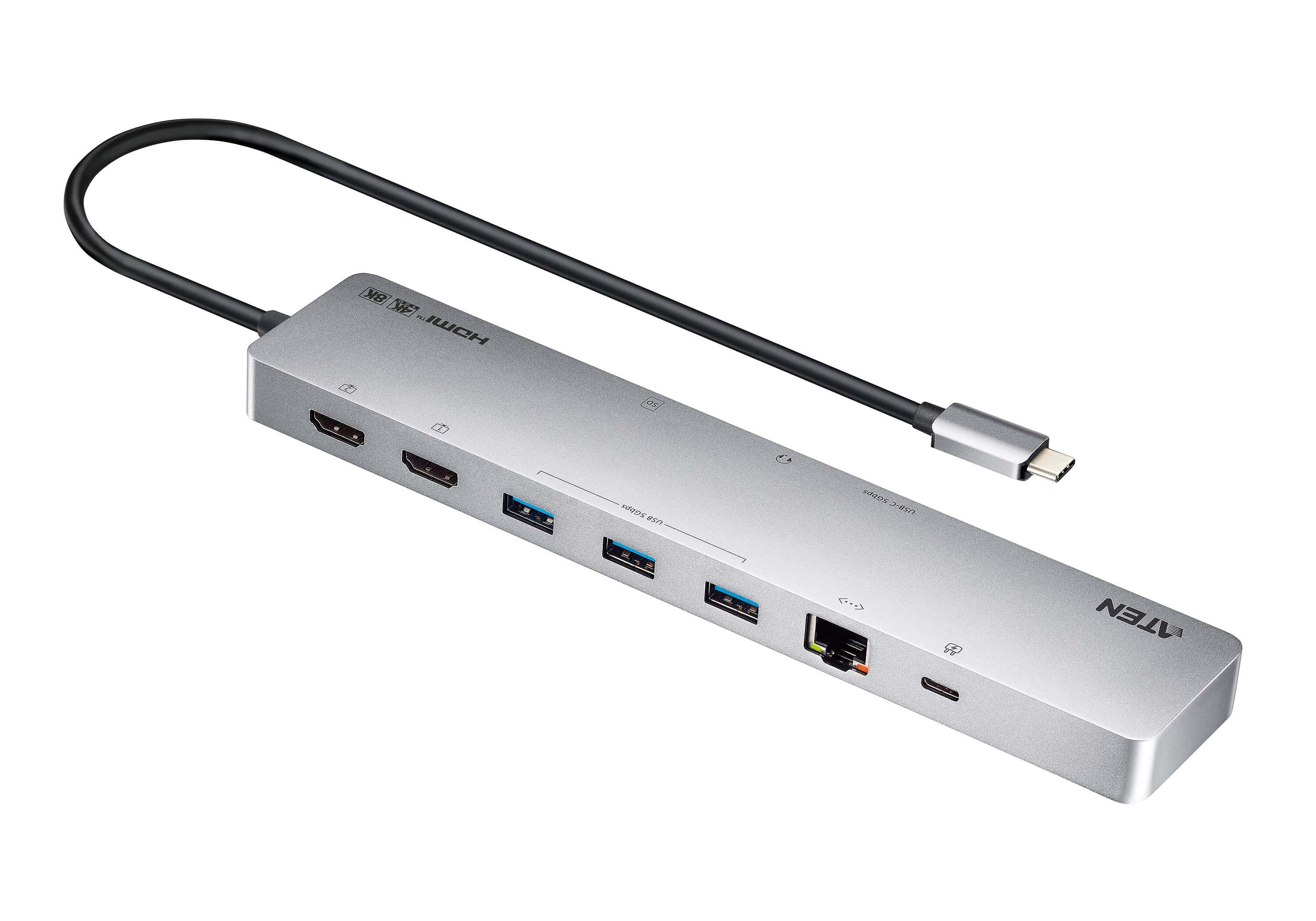 ATEN Docking 11-en-1 USB-C Multiport Dock + Power Pass-Through, 2 x HDMI, LAN, 3.5mm, USB-C, SD Card, microSD, 3 x USB 3.2