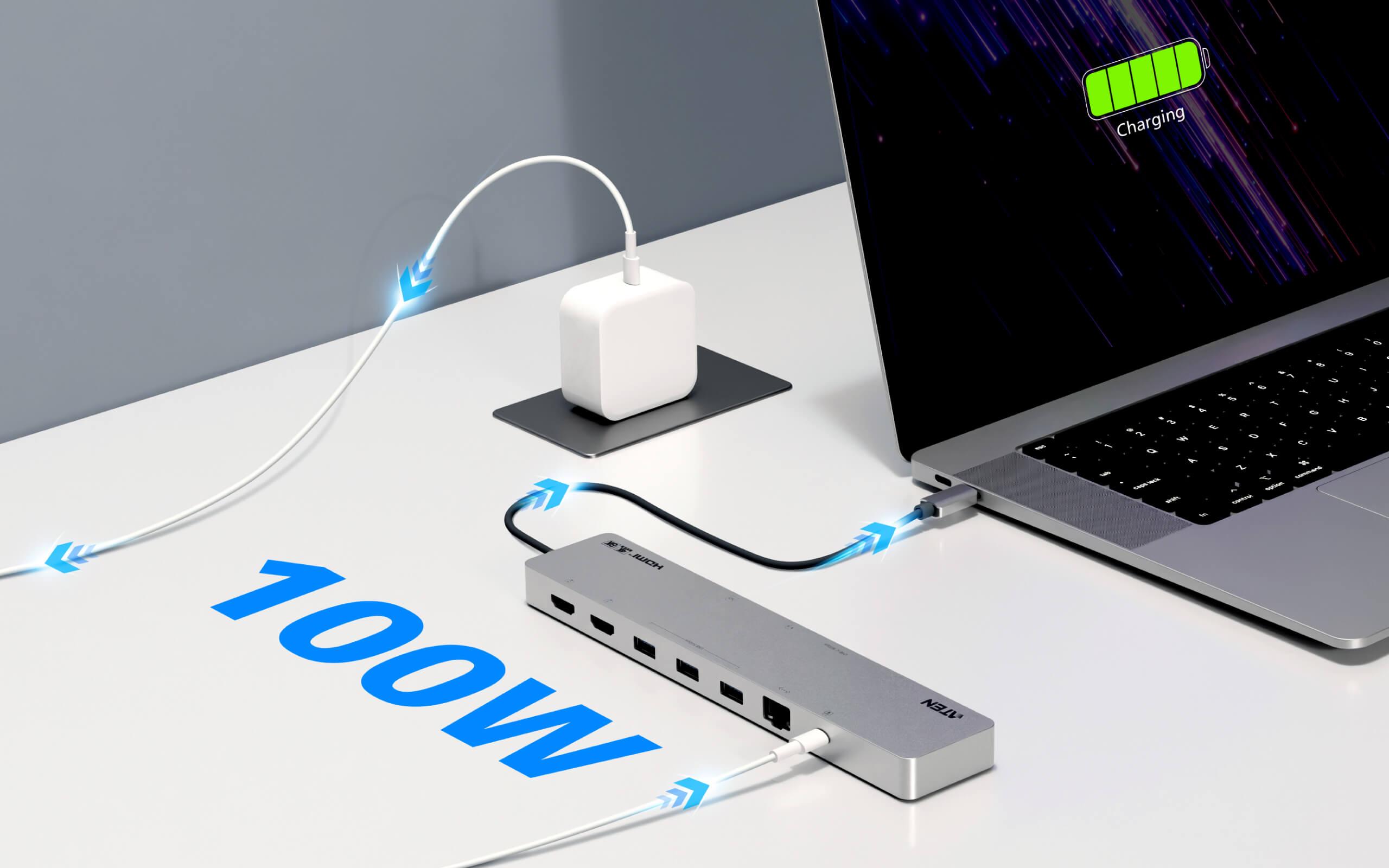 ATEN Docking 11-en-1 USB-C Multiport Dock + Power Pass-Through, 2 x HDMI, LAN, 3.5mm, USB-C, SD Card, microSD, 3 x USB 3.2