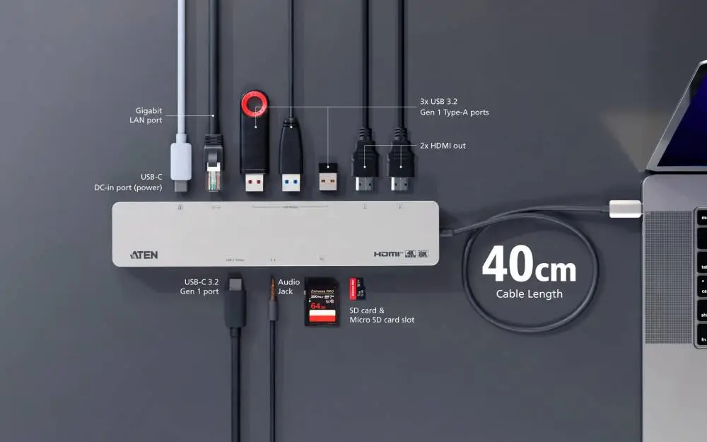 ATEN Docking 11-en-1 USB-C Multiport Dock + Power Pass-Through, 2 x HDMI, LAN, 3.5mm, USB-C, SD Card, microSD, 3 x USB 3.2