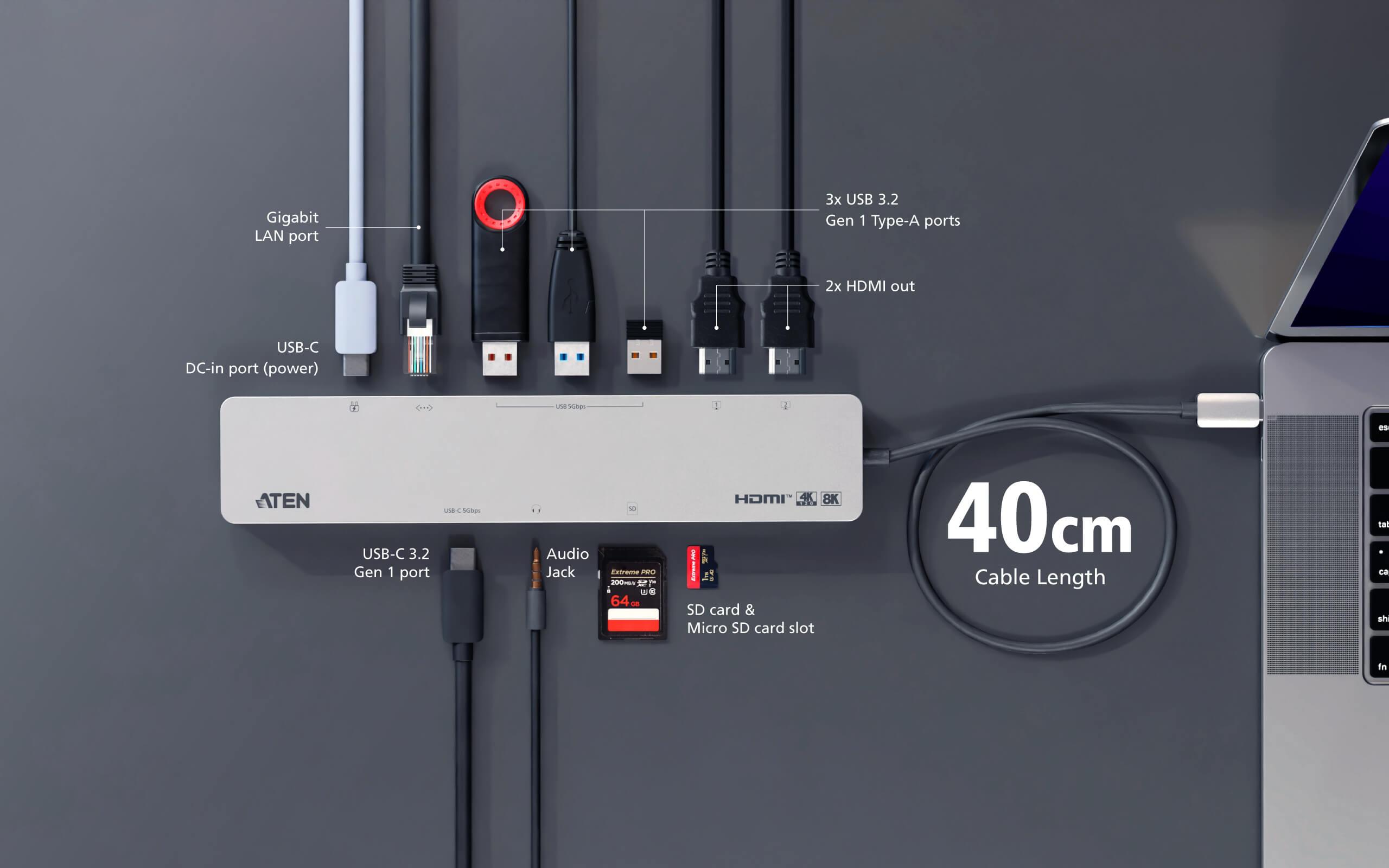 ATEN Docking 11-en-1 USB-C Multiport Dock + Power Pass-Through, 2 x HDMI, LAN, 3.5mm, USB-C, SD Card, microSD, 3 x USB 3.2
