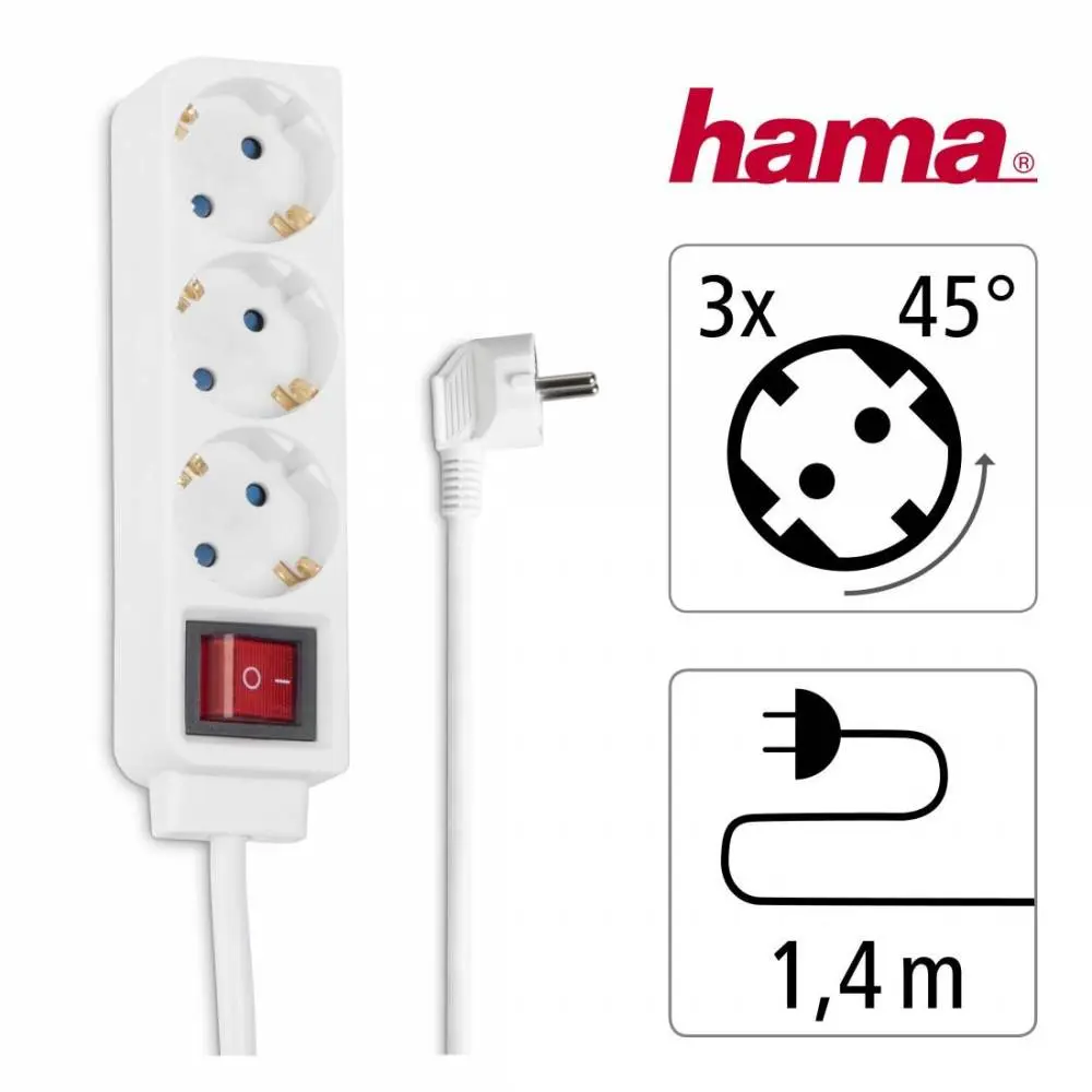 HAMA Разклонител 3 гнезда, 1.4м, бял с бутон за вкл/изкл.