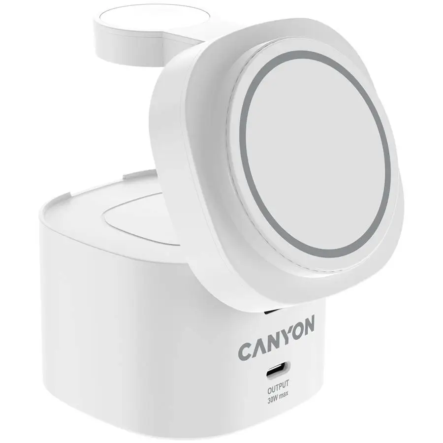 Зарядно за телефон Canyon CNS-WCS405W 4 in 1 Wireless Charging Stand, 30W max, with 65W charger and 1M cable, white