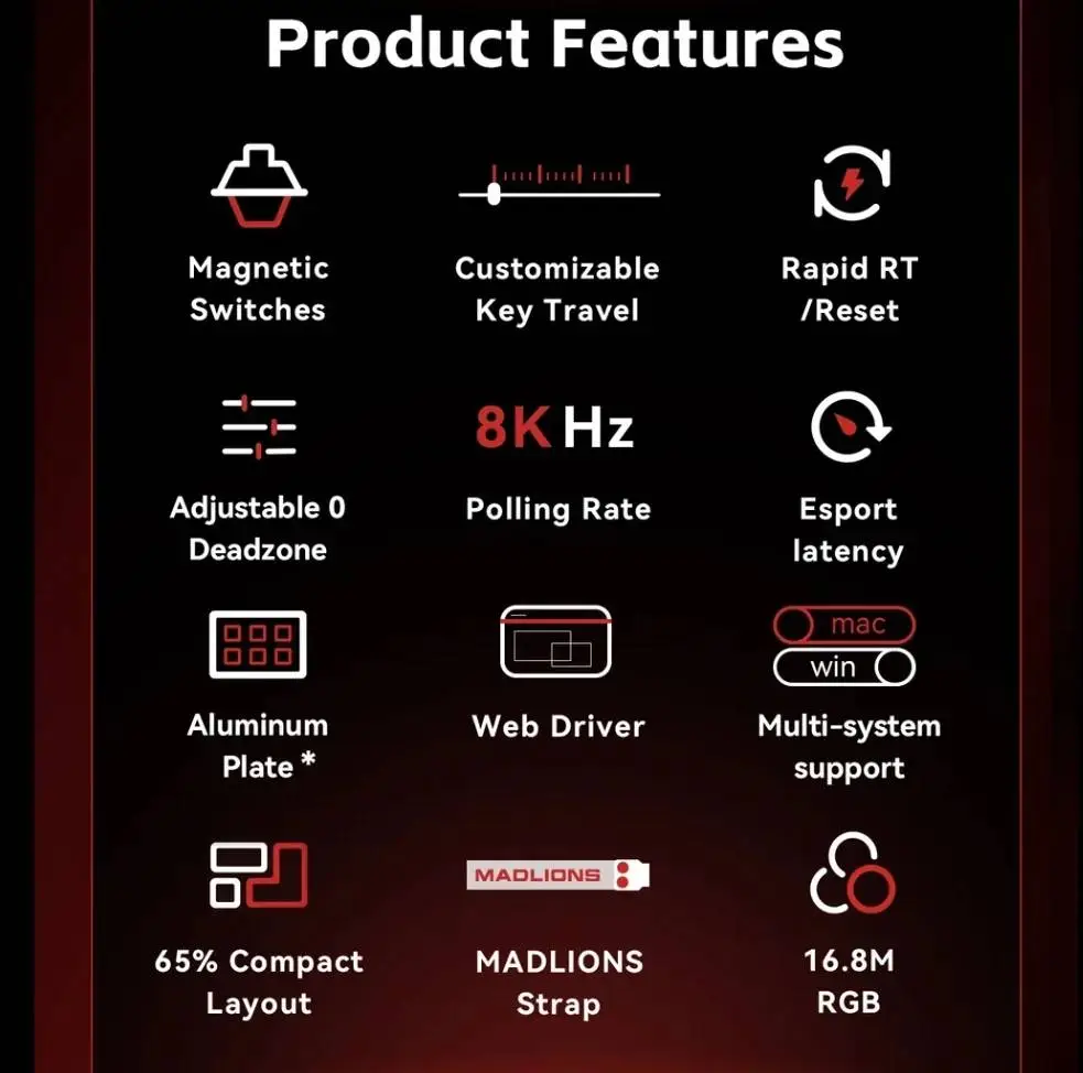 Madlions професионална геймърска механична клавиатура Professional Gaming Mechanical Keyboard MAD 60 HE Flagship V2 - 8K, Magnetic Amber Pro Switches - White