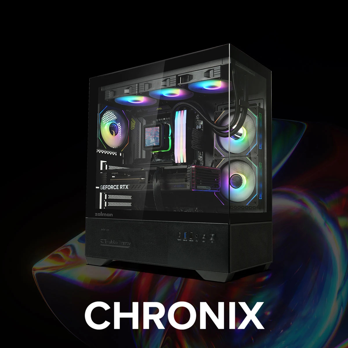 Кутия Zalman Chronix BLACK Case ATX 3 x 120 mm A-RGB, USB-C, Tempered Glass