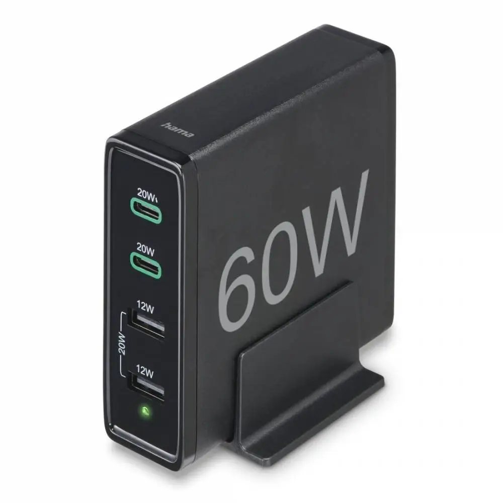 HAMA Зарядна станция 4 порта, 60W, 2 x USB-C, 2 x USB-A, PD, Fast Charge
