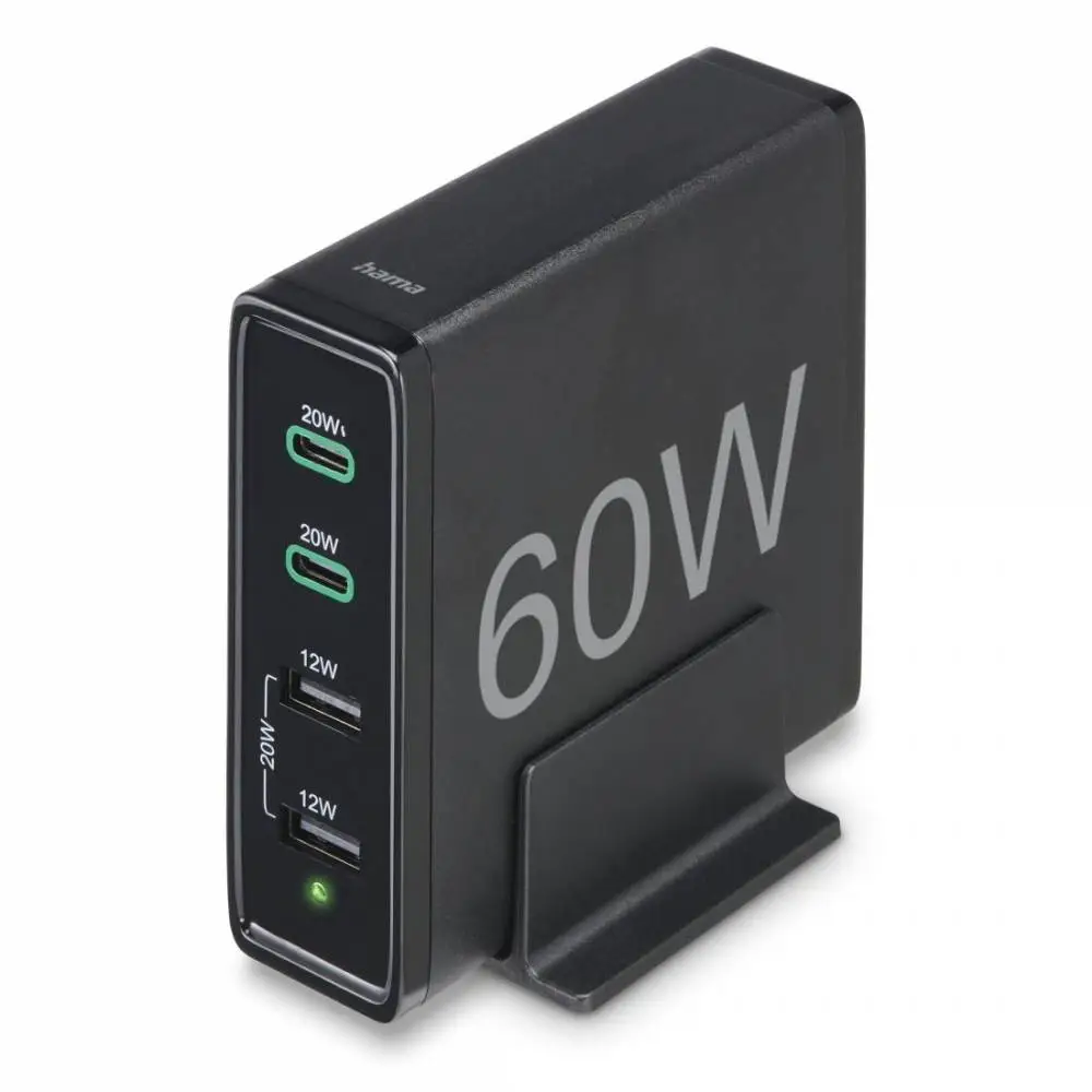 HAMA Зарядна станция 4 порта, 60W, 2 x USB-C, 2 x USB-A, PD, Fast Charge
