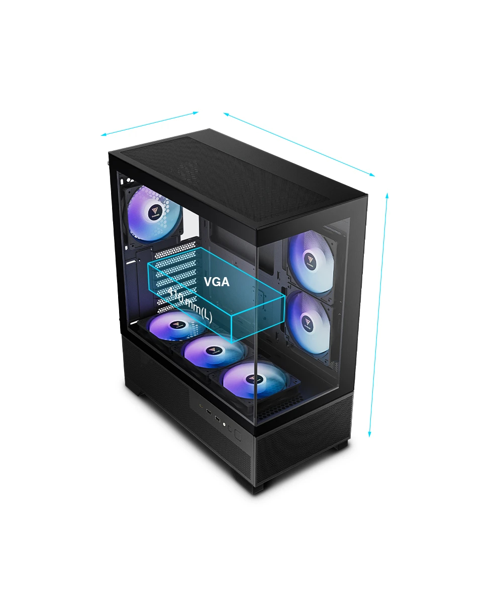 Gamdias AURA GC12 ARGB BK Case mATX, 6 x 120 mm A-RGB, USB-C, Tempered Glass