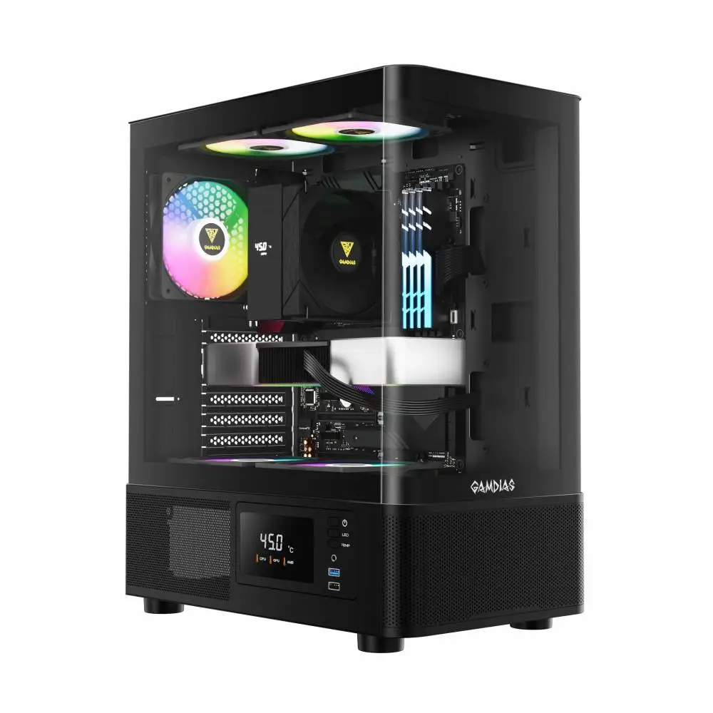 Kутия Gamdias ATLAS E2 Case ATX, 3 x 120 mm A-RGB, Digital Display, Curved Glass