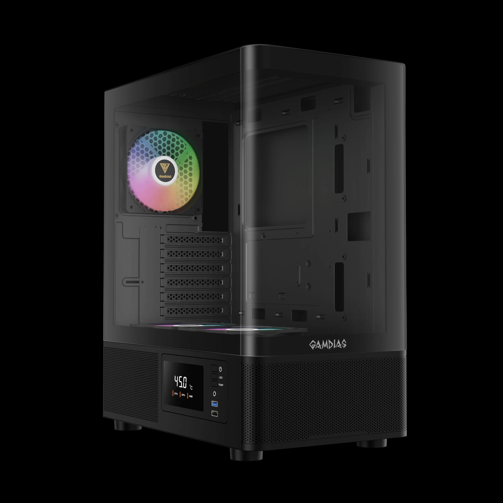 Kутия Gamdias ATLAS E2 Case ATX, 3 x 120 mm A-RGB, Digital Display, Curved Glass