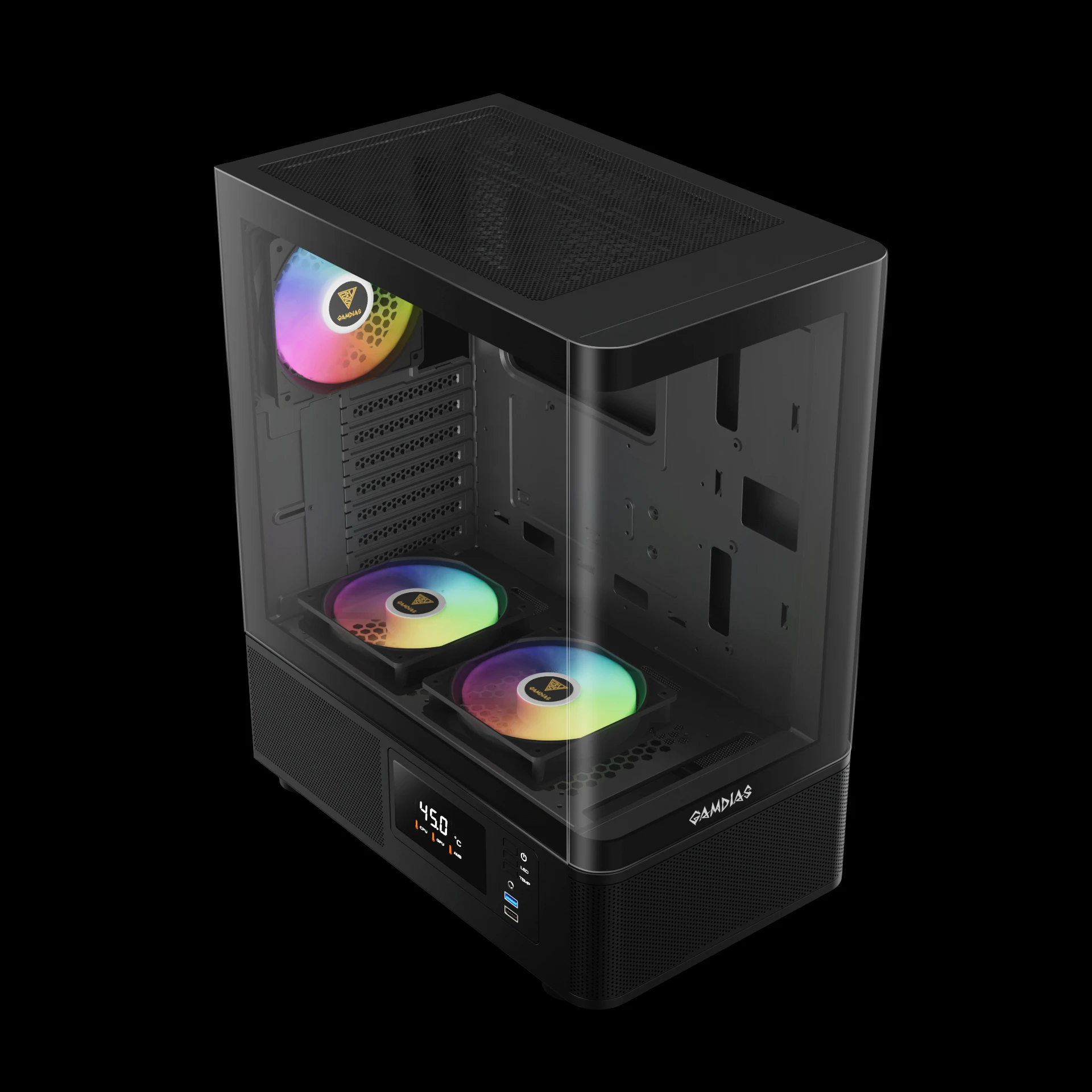 Kутия Gamdias ATLAS E2 Case ATX, 3 x 120 mm A-RGB, Digital Display, Curved Glass