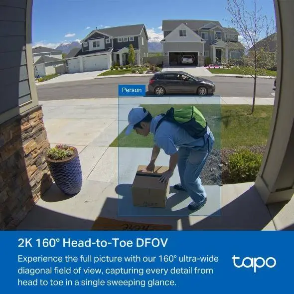 TP LINK нтелигентен видео звънец за врата Tapo D210, 2K QHD (2560×1440),160° зрителен ъгъл, microSD до 512 GB, 2.4Ghz, AI-разпознаване