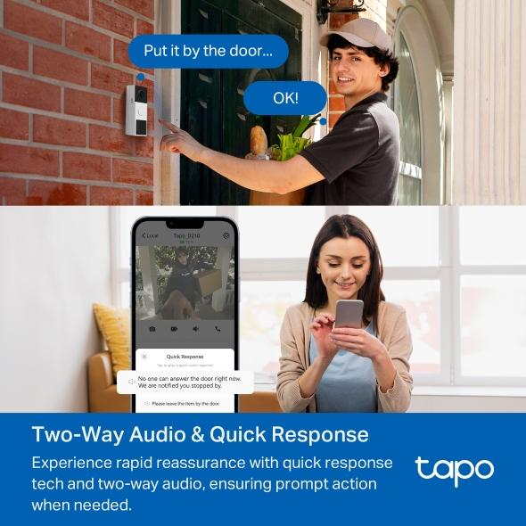 TP LINK нтелигентен видео звънец за врата Tapo D210, 2K QHD (2560×1440),160° зрителен ъгъл, microSD до 512 GB, 2.4Ghz, AI-разпознаване
