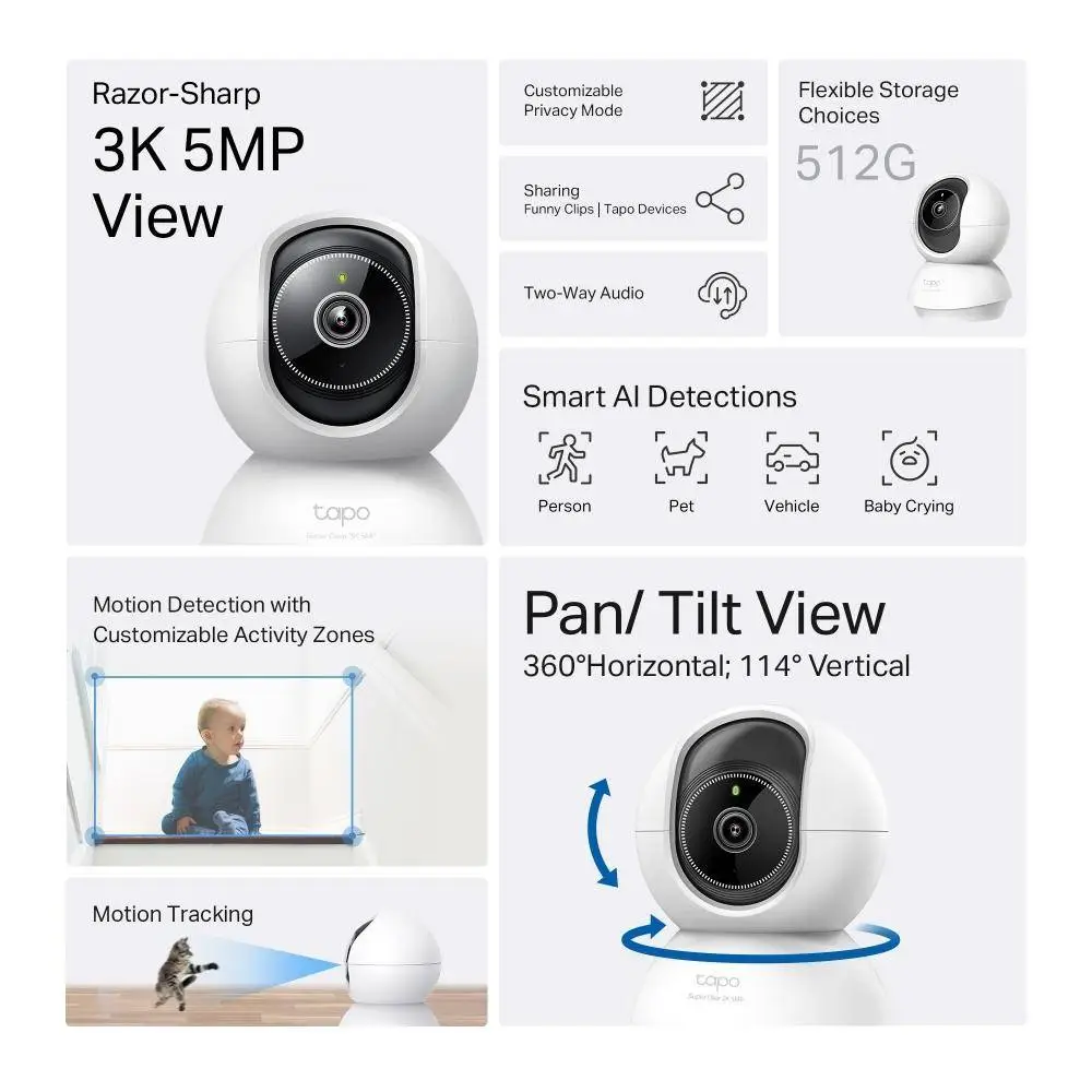 TP LINK Домашна охранителна камера с AI, 3K 5MP (2880&times;1620 px), H.264, microSD, 2.4 GHz Wi-Fi