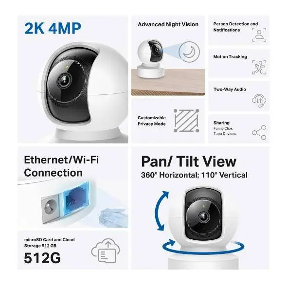 IP камера куполна TP-Link Tapo C222, 2560x1440@30fps, Pan/Tilt, H.264, microSD, Wi-Fi, аудио, RJ-45