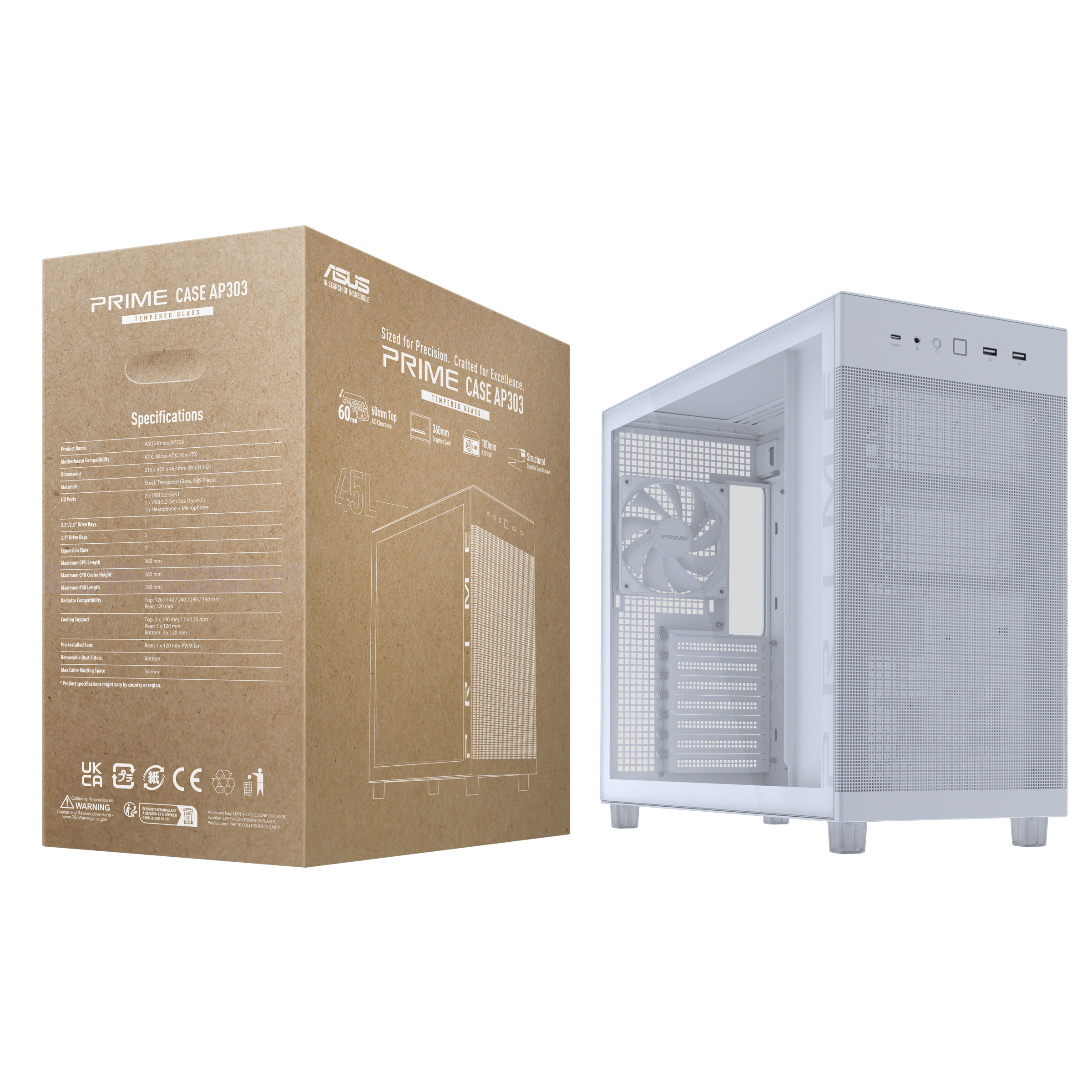 Кутия ASUS PRIME AP303 TG Compact ATX Case White