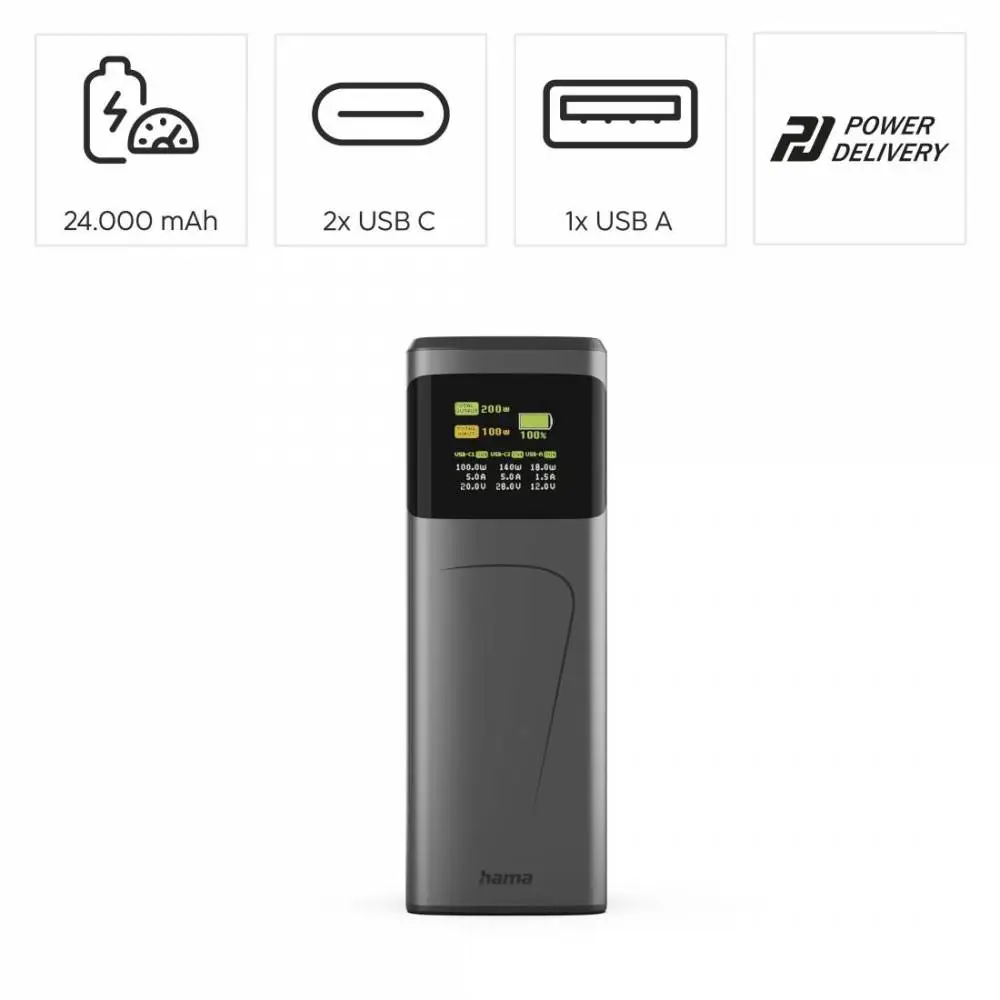 HAMA Външна батерия &bdquo;High Power&ldquo;, 200 W, 24000 mAh, 2x USB-C, USB-A, бързо зареждане