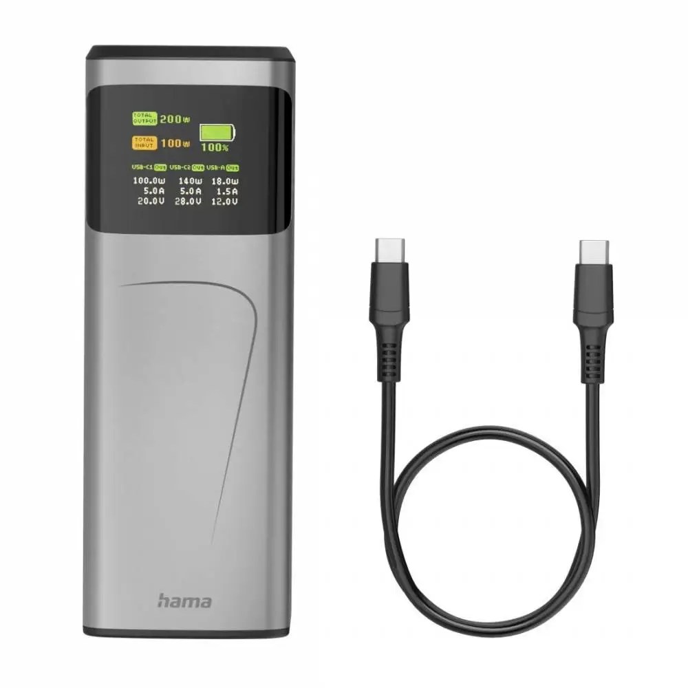 HAMA Външна батерия „High Power“, 200 W, 24000 mAh, 2x USB-C, USB-A, бързо зареждане