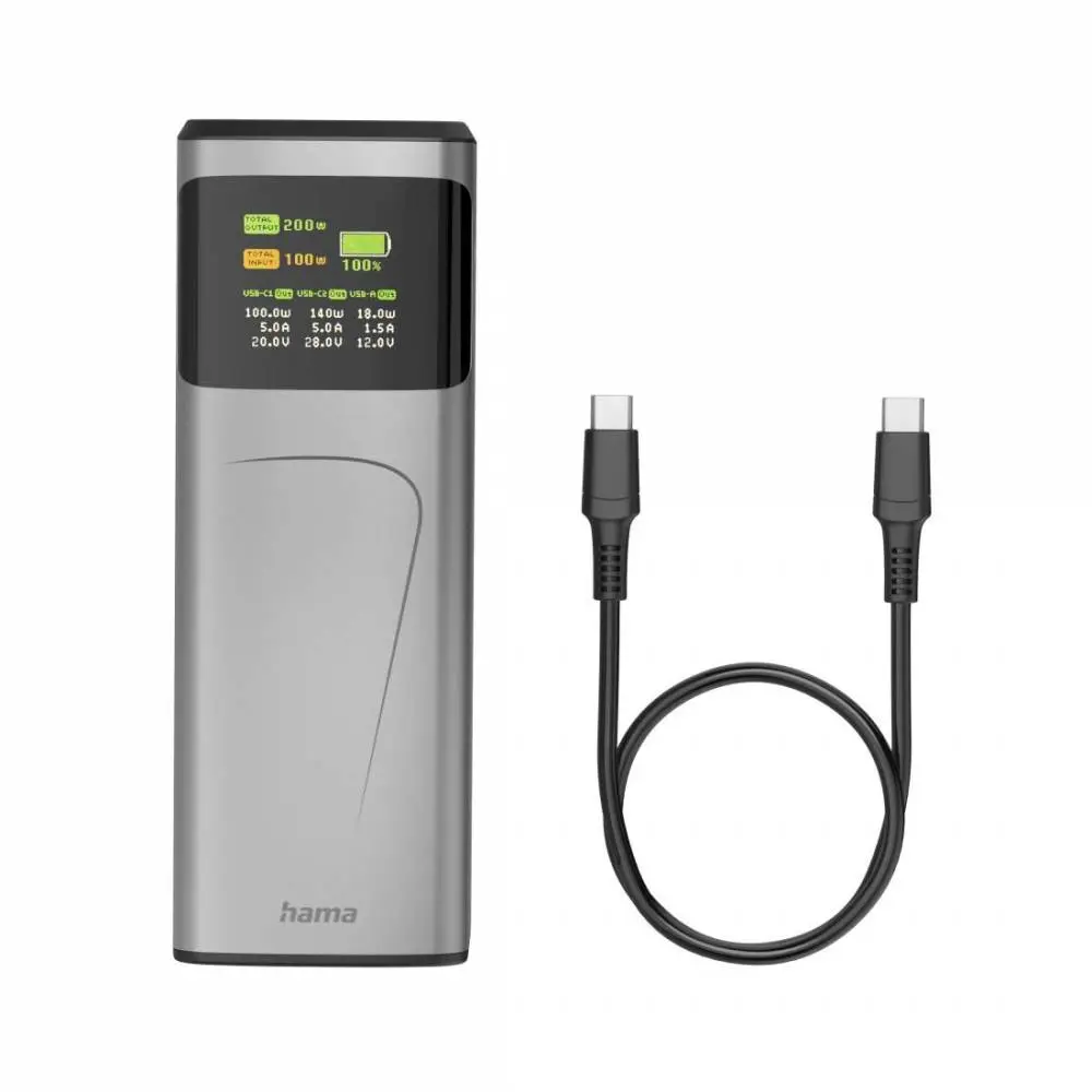 HAMA Външна батерия „High Power“, 200 W, 24000 mAh, 2x USB-C, USB-A, бързо зареждане