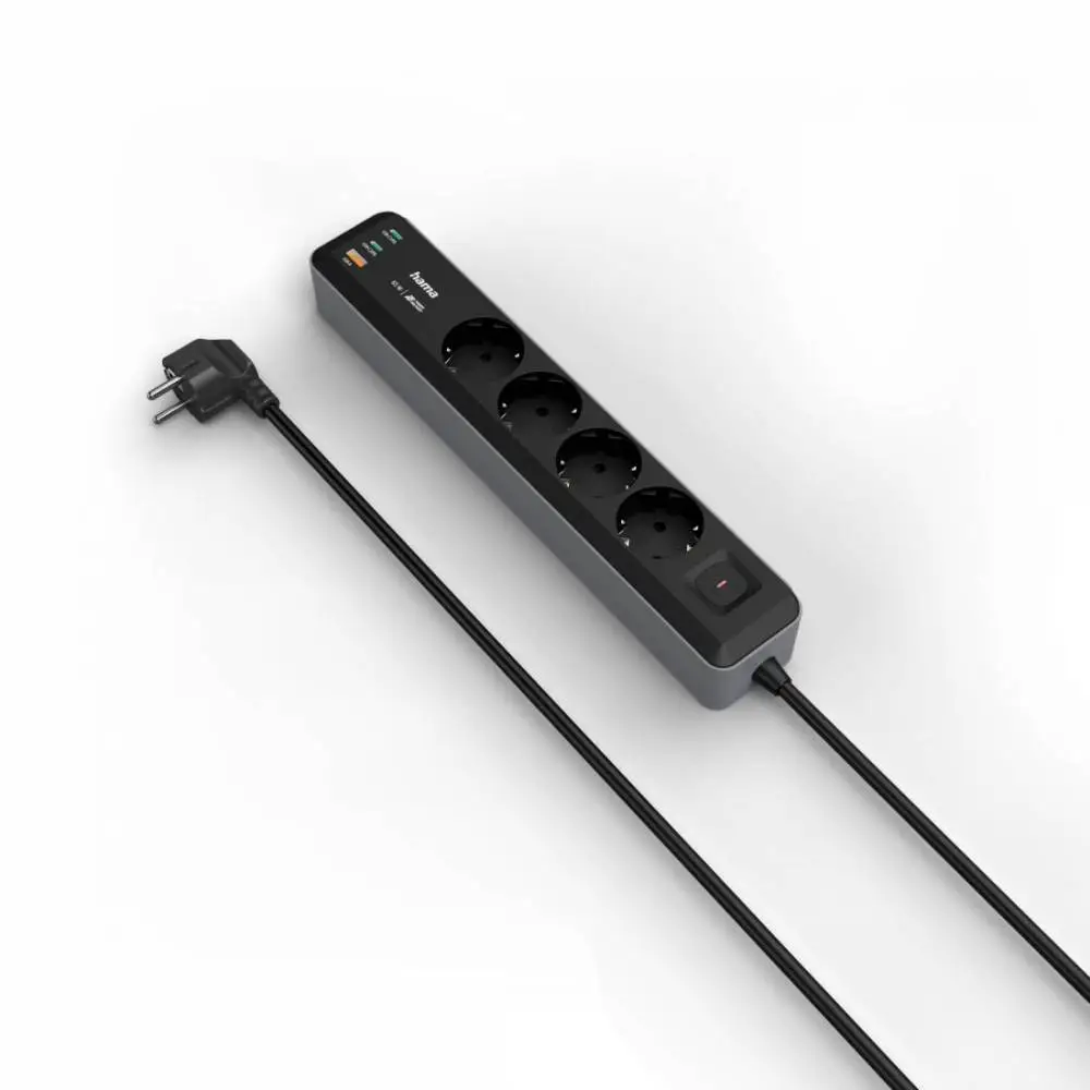 HAMA Разклонител 4-гнезда, USB-C/A 65 W, PD, ключ on/off, 1,4 м, черен/сив