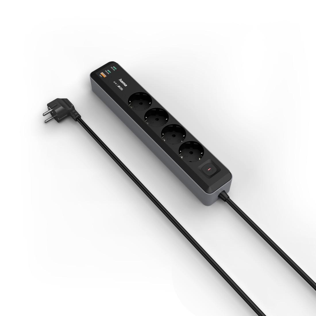 HAMA Разклонител 4-гнезда, USB-C/A 65 W, PD, ключ on/off, 1,4 м, черен/сив