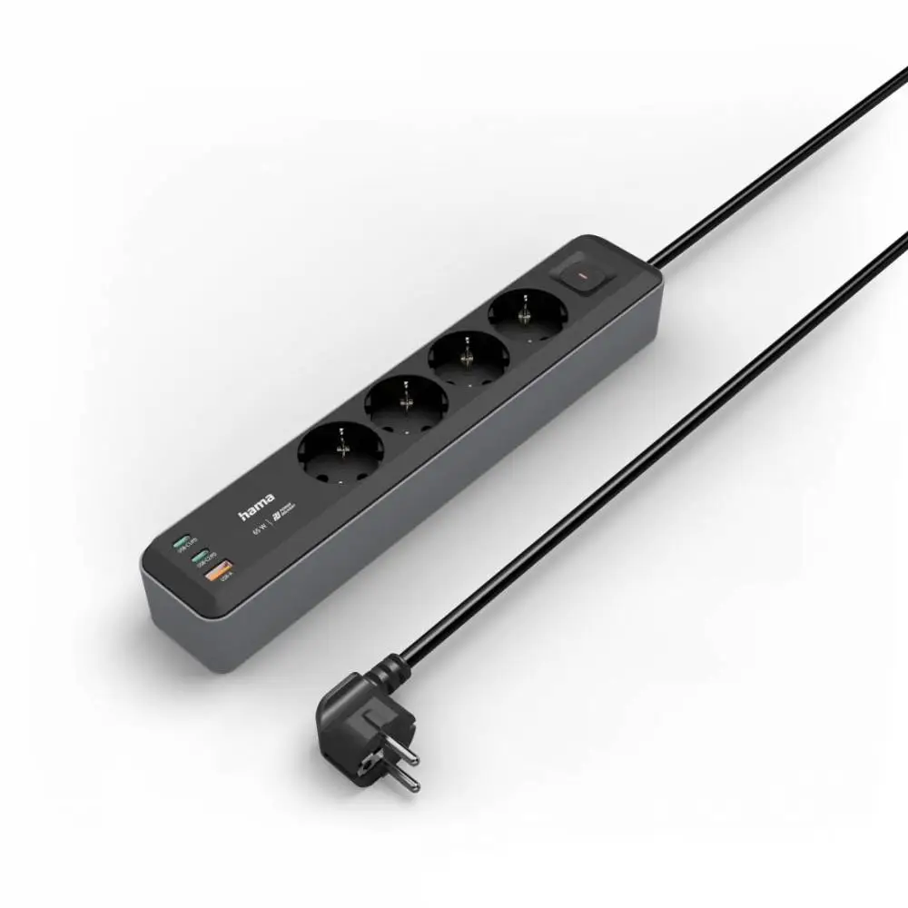 HAMA Разклонител 4-гнезда, USB-C/A 65 W, PD, ключ on/off, 1,4 м, черен/сив