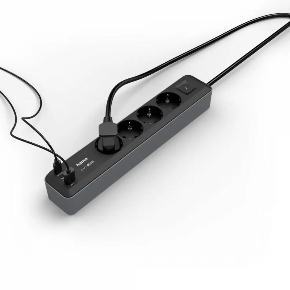 HAMA Разклонител 4-гнезда, USB-C/A 65 W, PD, ключ on/off, 1,4 м, черен/сив
