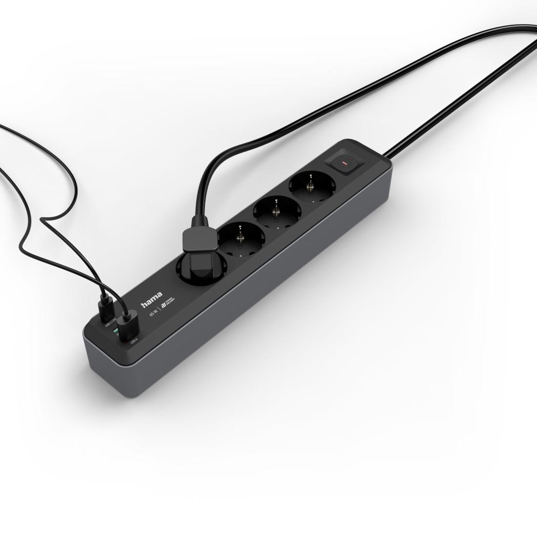 HAMA Разклонител 4-гнезда, USB-C/A 65 W, PD, ключ on/off, 1,4 м, черен/сив