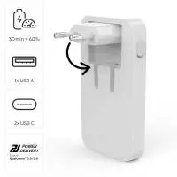 HAMA Бързо мини зарядно, 65W, 2x USB-C, 1x USB-A, PD, плоско, бяло