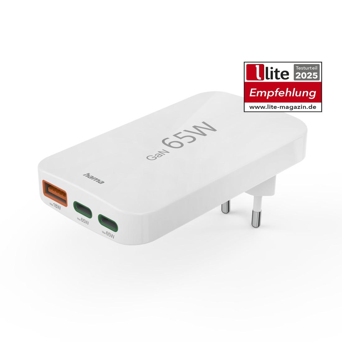 HAMA Быстрое мини зарядное, 65W, 2x USB-C, 1x USB-A, PD, плоское, белое