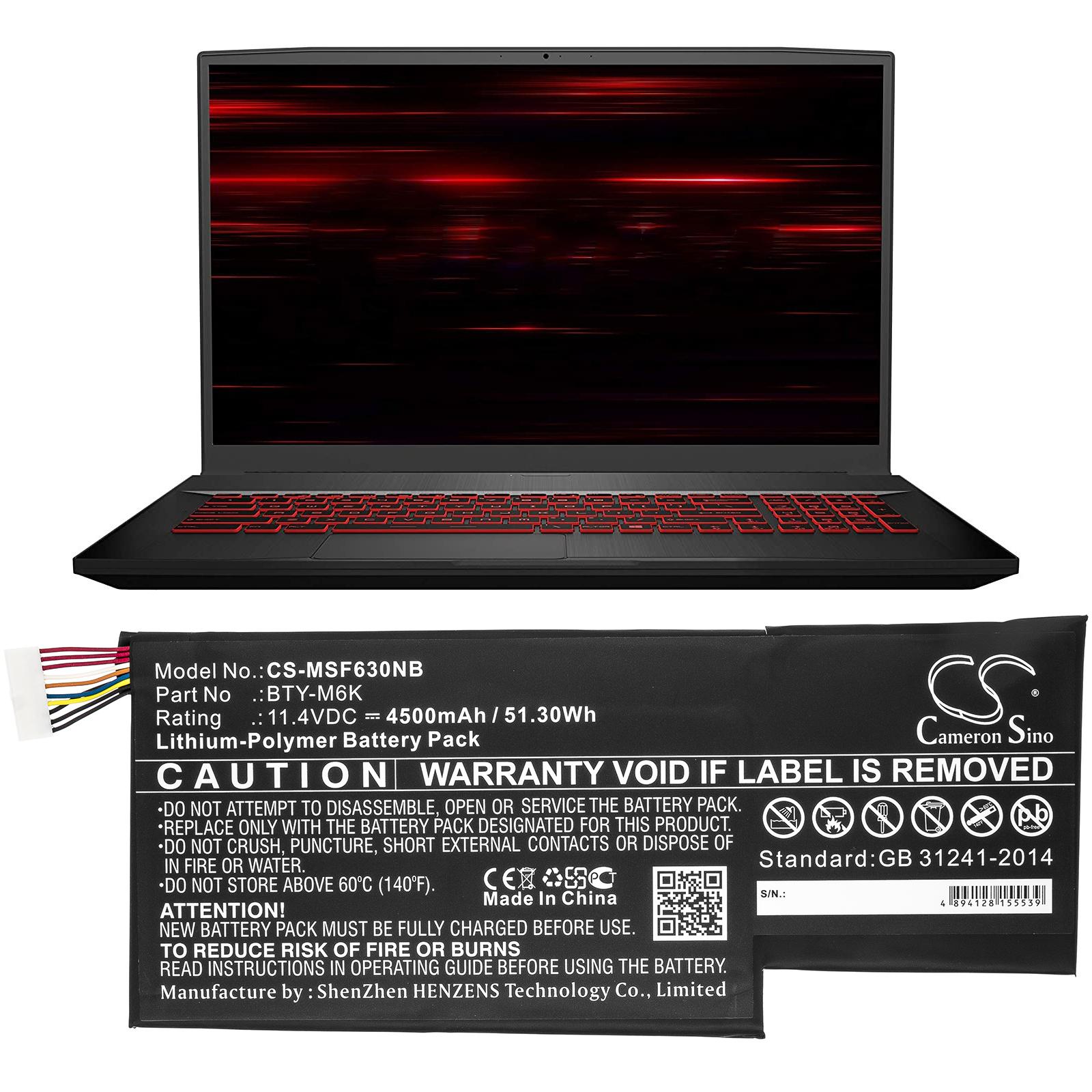 Батерия за лаптоп MSI GF63 , GF75, GS63, GS73 BTY-M6K LiPo 11.4V 4500 mAh CAMERON SINO