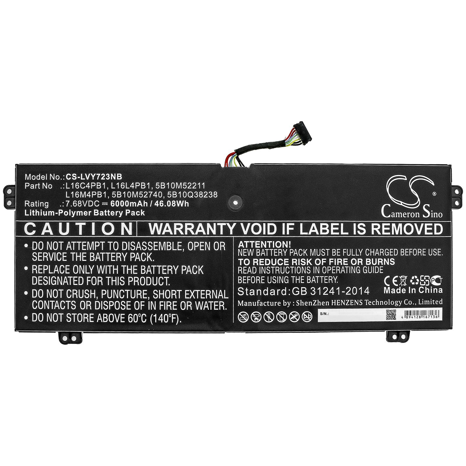 Batterie pour ordinateur portable LENOVO YG 720-13IKB 80X6006PAU, Yoga 720-13IKB 80X6001QGE, Yoga 730-13IKB, L16C4PB1 LiPo 7.68V 6000mAh CAMERON SINO