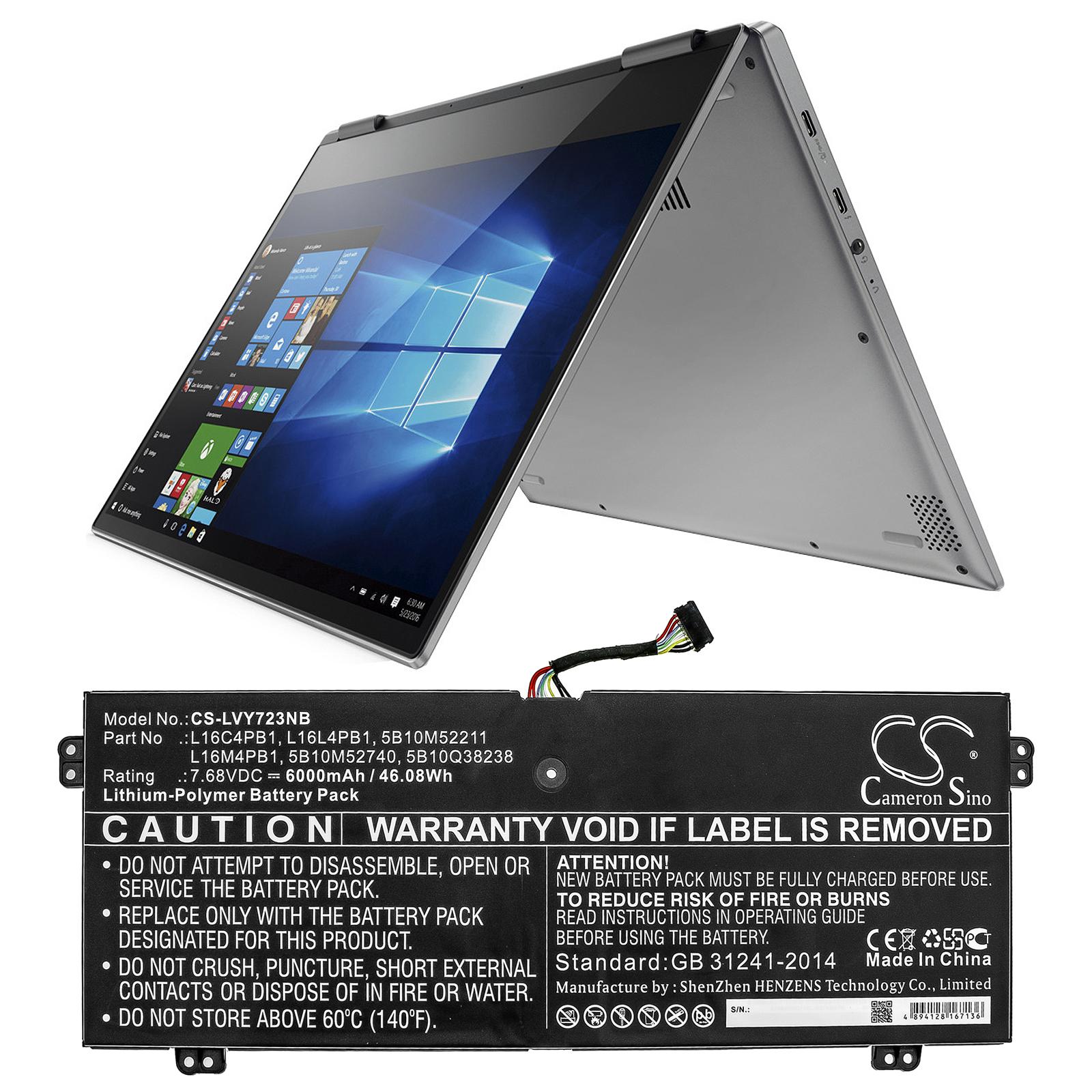 Batterie pour ordinateur portable LENOVO YG 720-13IKB 80X6006PAU, Yoga 720-13IKB 80X6001QGE, Yoga 730-13IKB, L16C4PB1 LiPo 7.68V 6000mAh CAMERON SINO