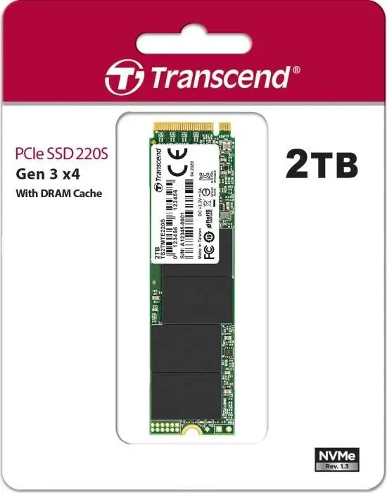 Диск SSD Transcend 2TB, M.2 2280, PCIe Gen3x4, M-Key, 3D TLC, with Dram - TS2TMTE220S