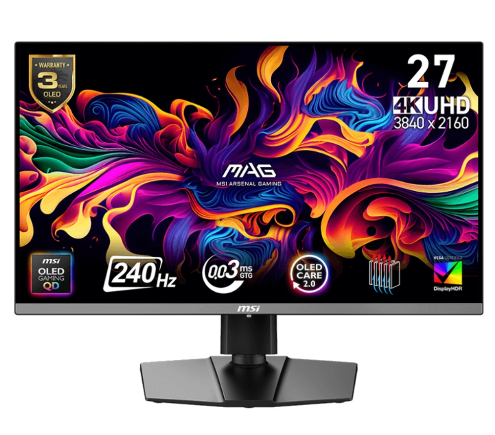 Монитор MSI MAG 272UP QD-OLED X24, 27", OLED 3840x2160 (UHD), 0.03ms, 240Hz, 16:9, NVIDIA G-SYNC, 99% DCI-P3, VESA DisplayHDR True Black 400, DP(1.4a), 2xHDMI 2.1, TypeC (DP alt. w/15W PD), Black - 9S6-3CD79A-024