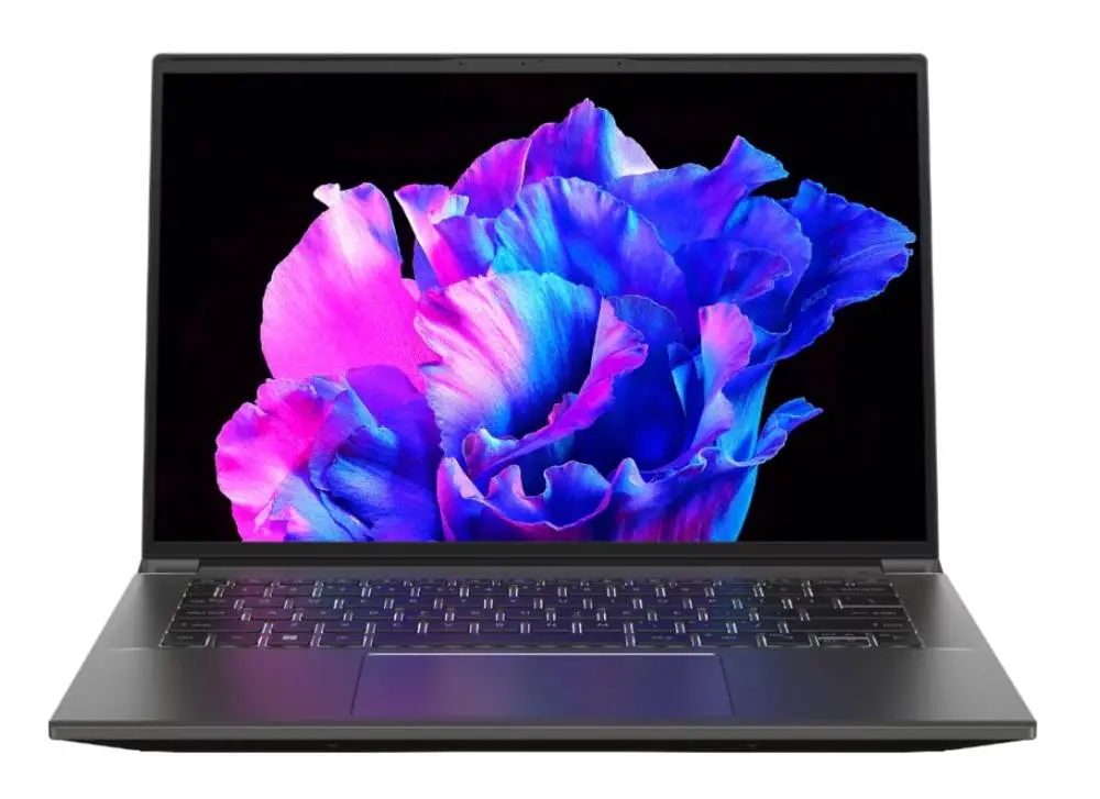 Лаптоп Acer Swift X 14, SFX14-71G-75L8, Intel Core i7-13700H(3.70GHz up to 5.00GHz, 24MB),14.5" 2.8K OLED (2880x1800) 120Hz, 16GB DDR5, 1024 GB NVMe SSD,RTX 4050 6GB GDDR6,  FHD Cam,WiFi 6E, BT 5.1, Micro SD card,Backlit Kbd, Win 11 Home , Steel Gray