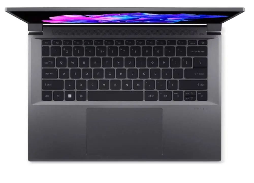 Лаптоп Acer Swift X 14, SFX14-71G-75L8, Intel Core i7-13700H(3.70GHz up to 5.00GHz, 24MB),14.5" 2.8K OLED (2880x1800) 120Hz, 16GB DDR5, 1024 GB NVMe SSD,RTX 4050 6GB GDDR6,  FHD Cam,WiFi 6E, BT 5.1, Micro SD card,Backlit Kbd, Win 11 Home , Steel Gray