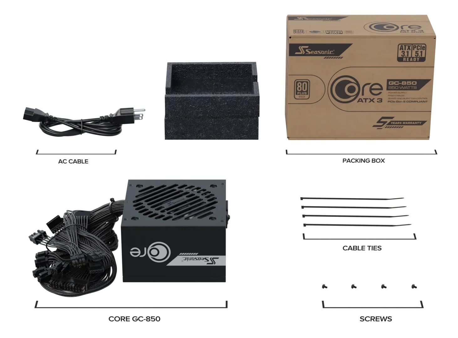 Захранване Seasonic CORE GC-850 PSU ATX 3.1 850W Gold, PCIe 5.1 - SRP-CGC851-A5A32SF