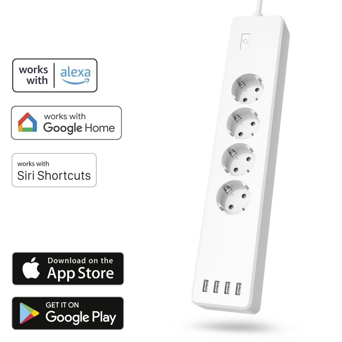 HAMA Смарт разклонител Wi-Fi  2.4Ghz, 4 гнезда, 4xUSB, 1.7 m, бял