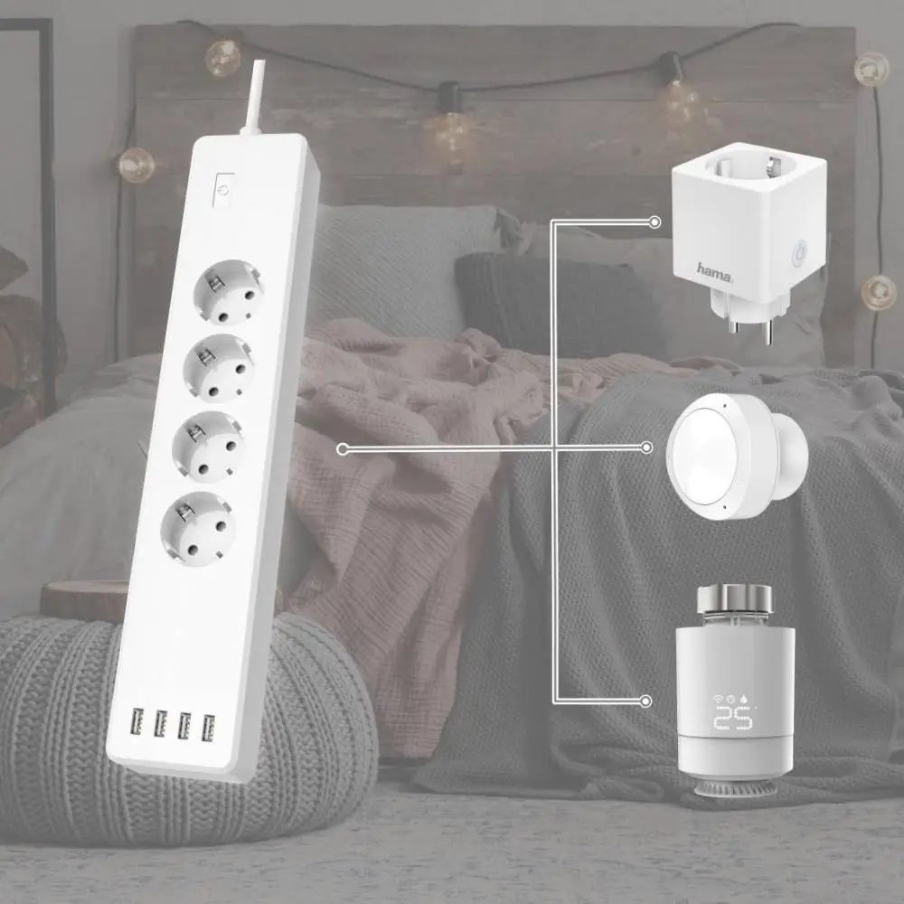 HAMA Смарт разклонител Wi-Fi  2.4Ghz, 4 гнезда, 4xUSB, 1.7 m, бял