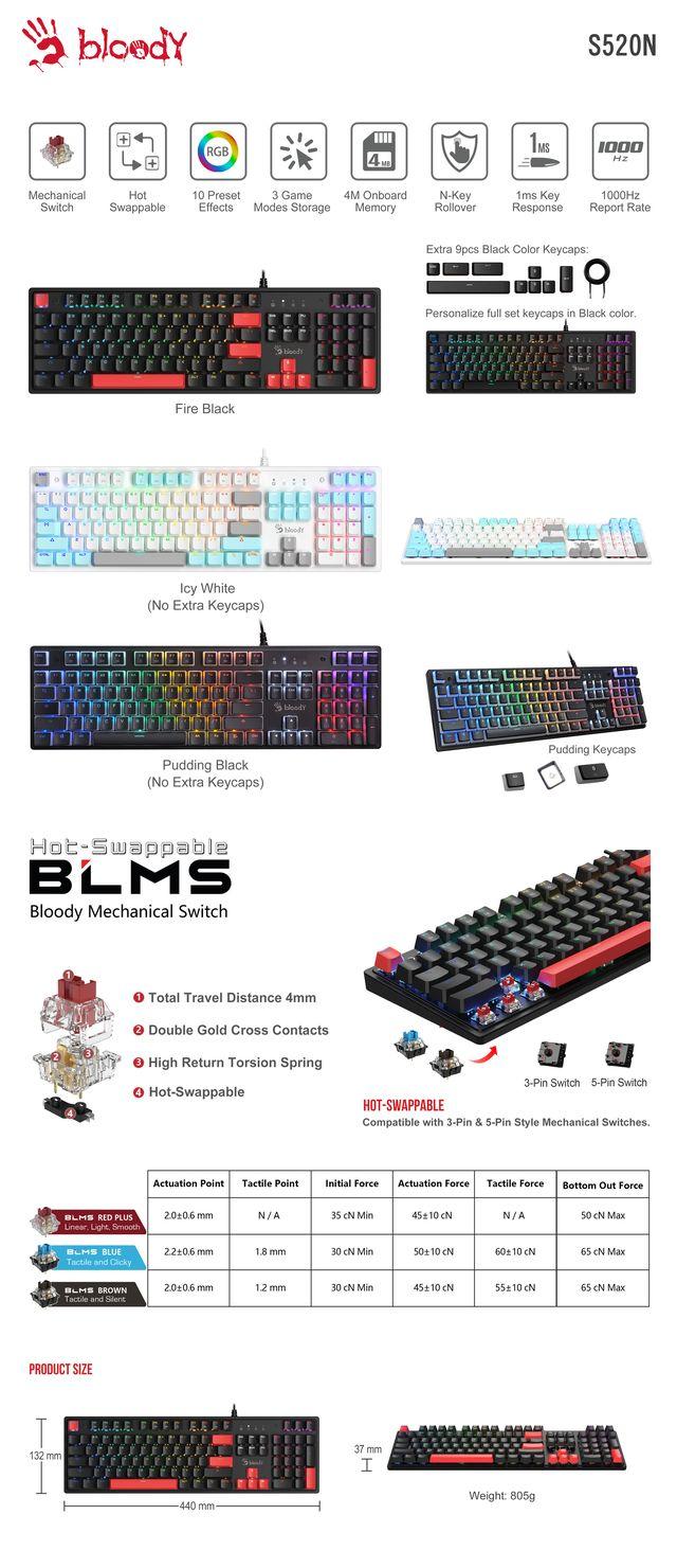 Геймърска механична клавиатура A4tech Bloody S520N Fire Black - BLMS Red Plus Switch