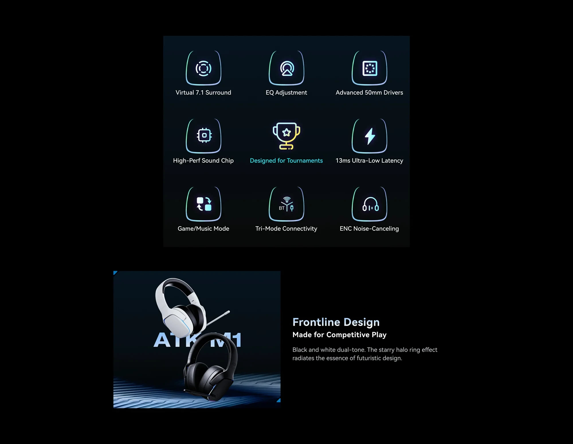ATK безжични геймърски слушалки Wireless Gaming Headphones - M1 Mercury White - Bluetooth 5.3, 2.4G, ENC, Virtual 7.1 Surround