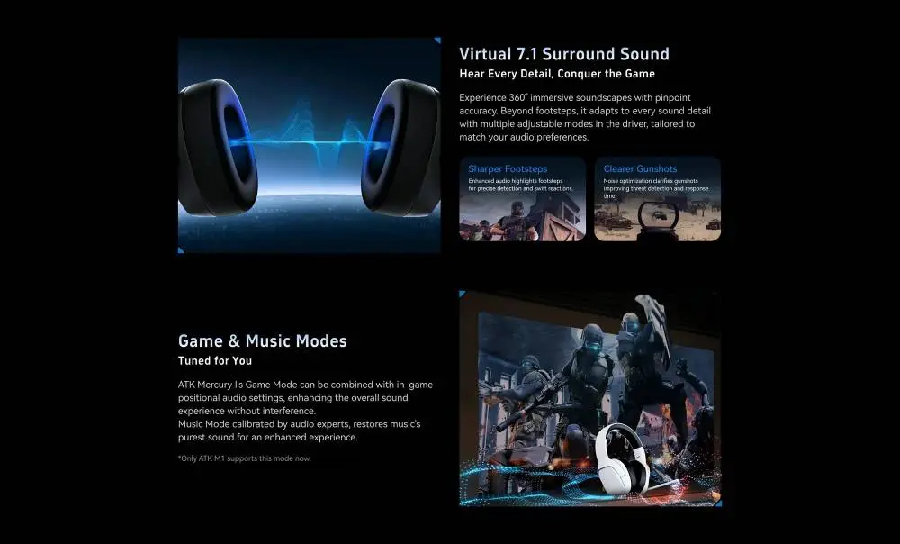 ATK безжични геймърски слушалки Wireless Gaming Headphones - M1 Mercury Black - Bluetooth 5.3, 2.4G, ENC, Virtual 7.1 Surround