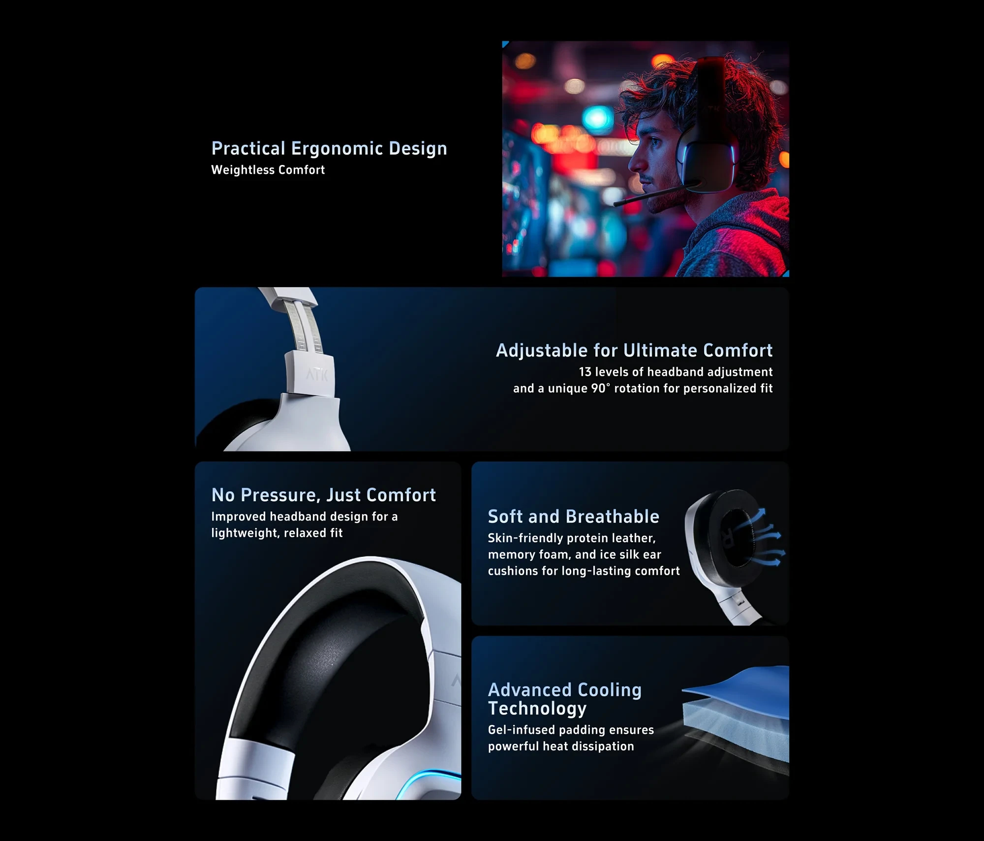 ATK безжични геймърски слушалки Wireless Gaming Headphones - M1 Mercury Black - Bluetooth 5.3, 2.4G, ENC, Virtual 7.1 Surround