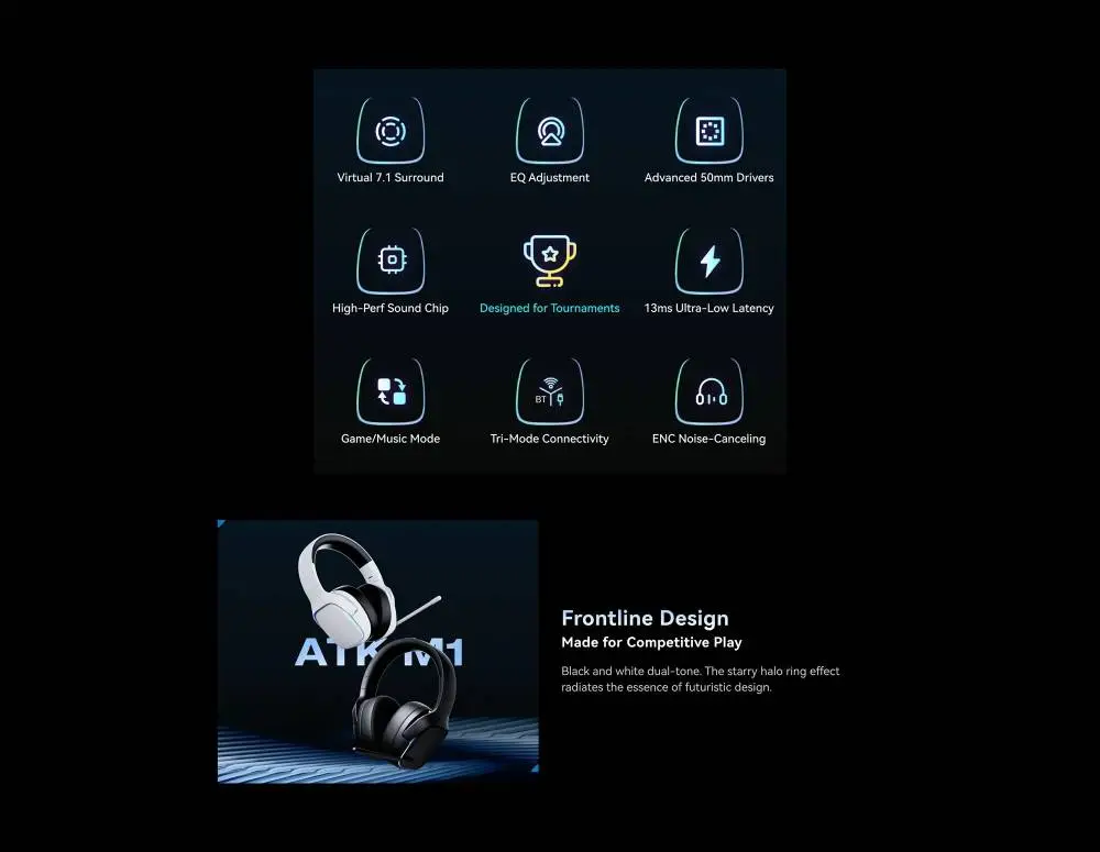 ATK безжични геймърски слушалки Wireless Gaming Headphones - M1 Mercury Black - Bluetooth 5.3, 2.4G, ENC, Virtual 7.1 Surround