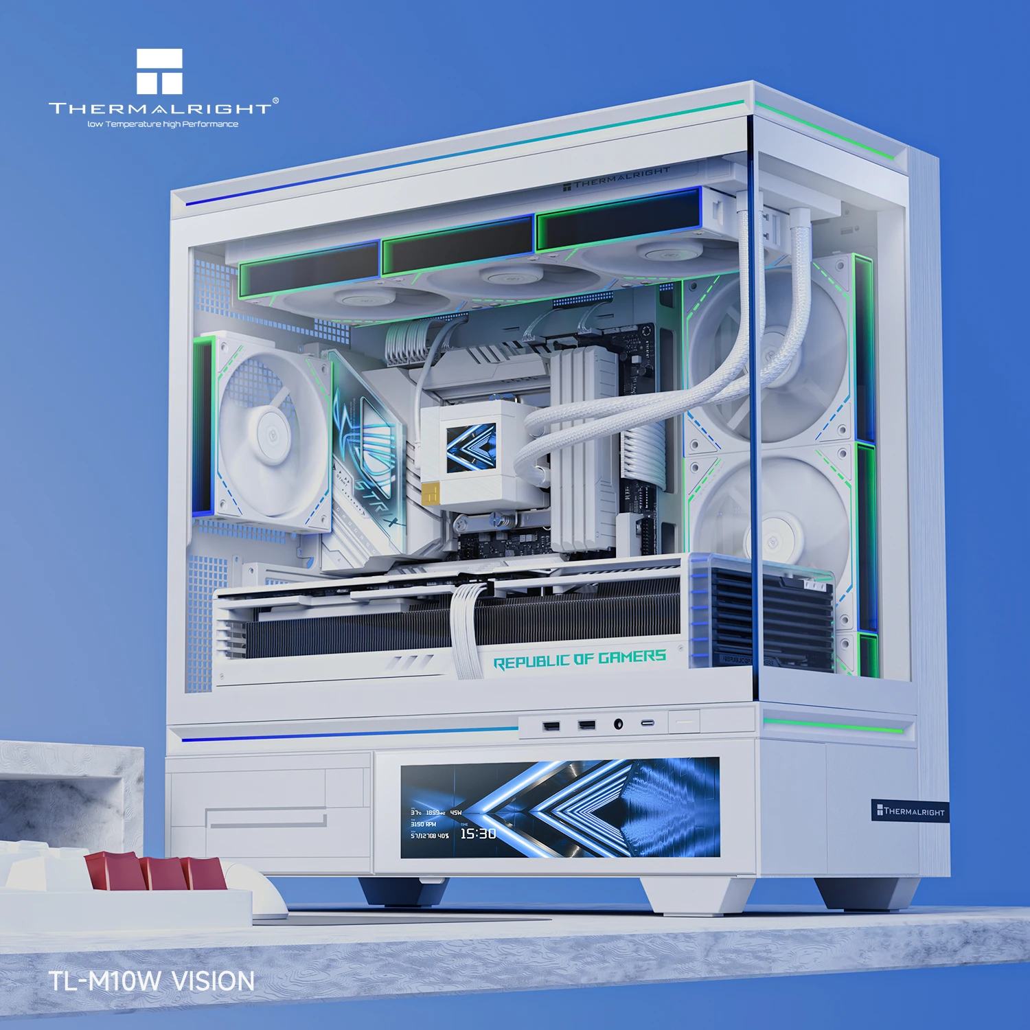 Thermalright кутия Case mATX - TL-M10 Vision White - 4 x 120 mm ARGB included, 9.16 inch LCD Display, USB-C
