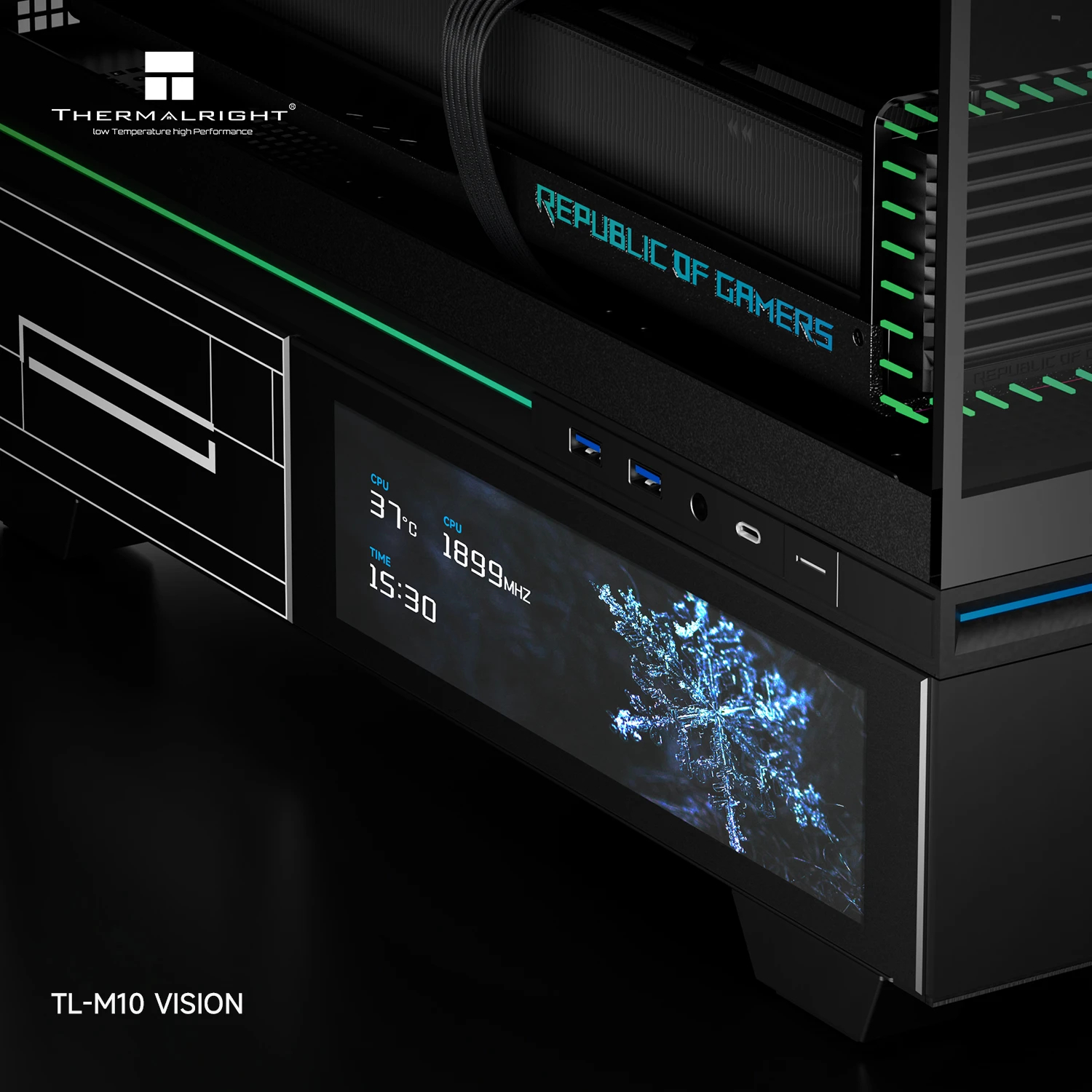 Thermalright Case mATX - TL-M10 Vision Black - 4 x 120 mm ARGB included, 9.16 inch LCD Display, USB-C